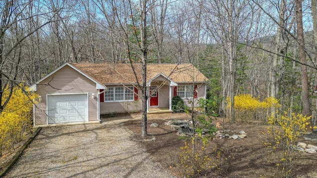159 Yancey Ct, Mcgaheysville, VA 22840 - ranch-style house featuring covered porch, concrete driveway, a garage, and a view of trees