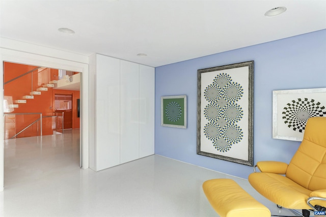 4323 Carter Rd, Schuyler, VA 22969 - sitting room with stairway, concrete flooring, and recessed lighting