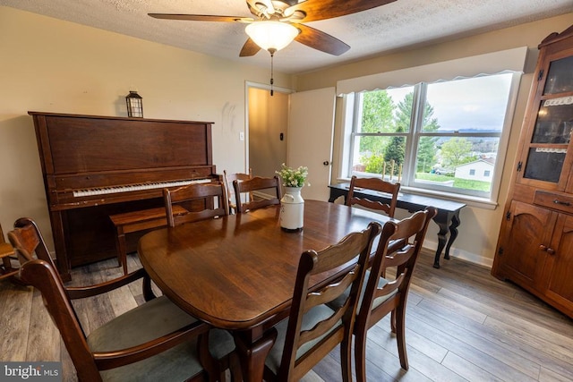 dining room featuring light wood finished floors, a ceiling fan, baseboards, and a textured ceiling