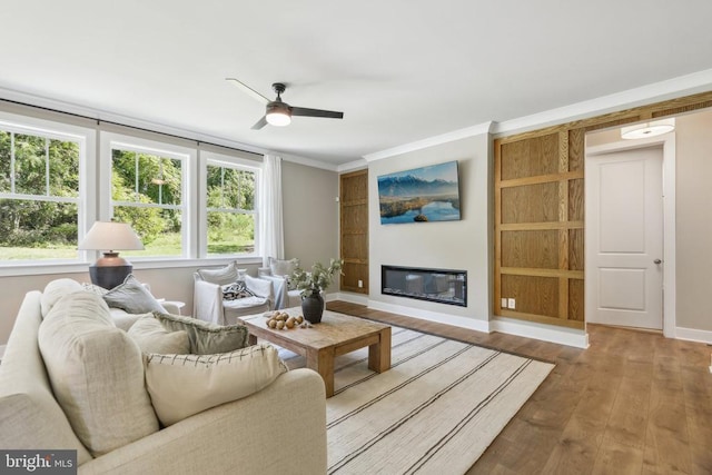  - living room featuring wood finished floors, a ceiling fan, baseboards, a glass covered fireplace, and crown molding