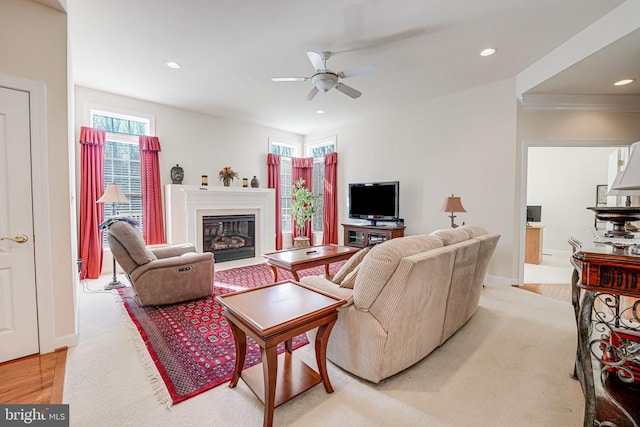 11512 Balmartin Ct, Spotsylvania, VA 22553 - living area with a ceiling fan, plenty of natural light, a glass covered fireplace, and recessed lighting