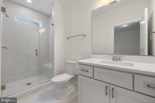57 Madison St, Warrenton, VA 20186 - full bathroom featuring marble finish flooring, toilet, a stall shower, vanity, and recessed lighting