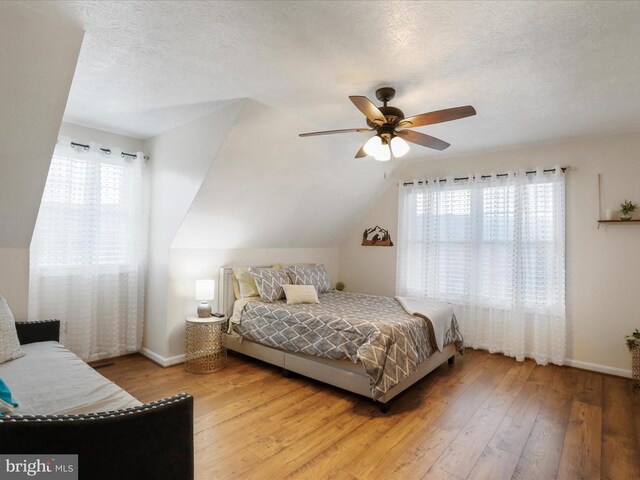 317 Locustdale Loop, Shenandoah, VA 22849 - bedroom with hardwood / wood-style flooring, baseboards, a textured ceiling, ceiling fan, and lofted ceiling