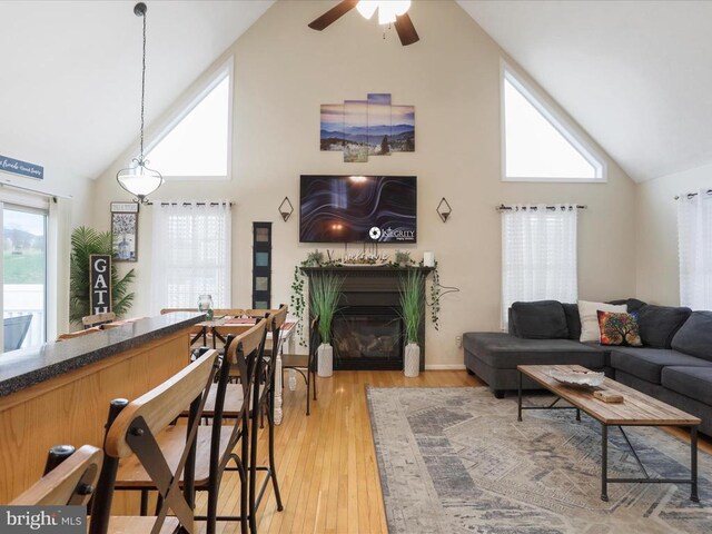 317 Locustdale Loop, Shenandoah, VA 22849 - living room with high vaulted ceiling, a glass covered fireplace, a ceiling fan, and light wood-style flooring
