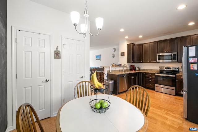 139 Longwood Dr, Charlottesville, VA 22903 - kitchen with appliances with stainless steel finishes, a sink, dark brown cabinetry, recessed lighting, and light wood-style flooring
