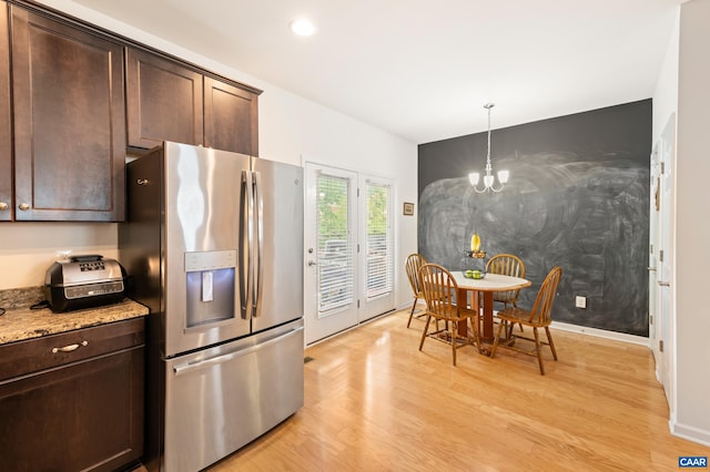 139 Longwood Dr, Charlottesville, VA 22903 - kitchen with stainless steel refrigerator with ice dispenser, dark brown cabinetry, a chandelier, light wood-style flooring, and recessed lighting