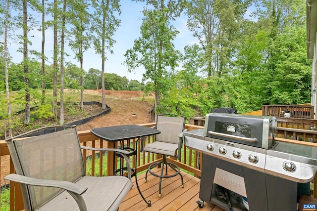 139 Longwood Dr, Charlottesville, VA 22903 - wooden deck featuring grilling area, view of scattered trees, and outdoor dining area
