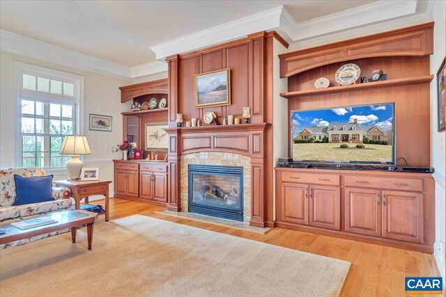 1660 Lees Mill Ln, Goode, VA 24556 - living area with ornamental molding, a high end fireplace, and light wood finished floors