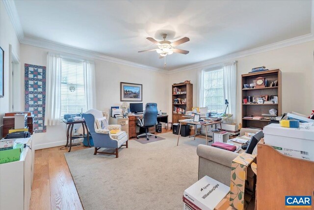 1660 Lees Mill Ln, Goode, VA 24556 - home office with ceiling fan, crown molding, and light wood-style floors