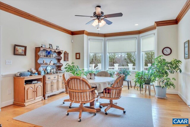 1660 Lees Mill Ln, Goode, VA 24556 - dining space with ornamental molding, a ceiling fan, light wood-style flooring, and baseboards