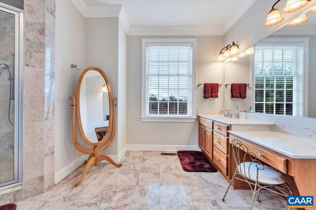 1660 Lees Mill Ln, Goode, VA 24556 - full bathroom featuring a stall shower, crown molding, vanity, baseboards, and marble finish floors