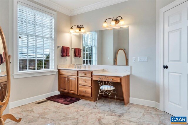 1660 Lees Mill Ln, Goode, VA 24556 - bathroom with vanity, baseboards, crown molding, and healthy amount of natural light