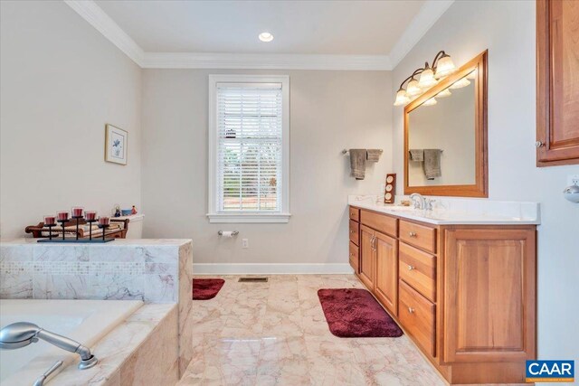 1660 Lees Mill Ln, Goode, VA 24556 - bathroom with vanity, ornamental molding, marble finish floors, a garden tub, and baseboards