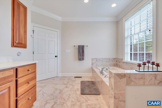 1660 Lees Mill Ln, Goode, VA 24556 - full bathroom featuring a bath, vanity, ornamental molding, marble finish flooring, and recessed lighting