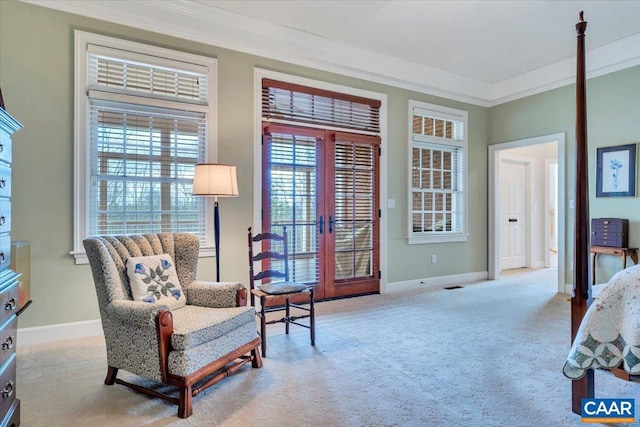 1660 Lees Mill Ln, Goode, VA 24556 - living area with ornamental molding, carpet floors, baseboards, and french doors