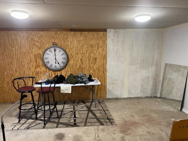 3070 Deerfield Valley Rd, Deerfield, VA 24432 - dining space with wood walls and concrete flooring