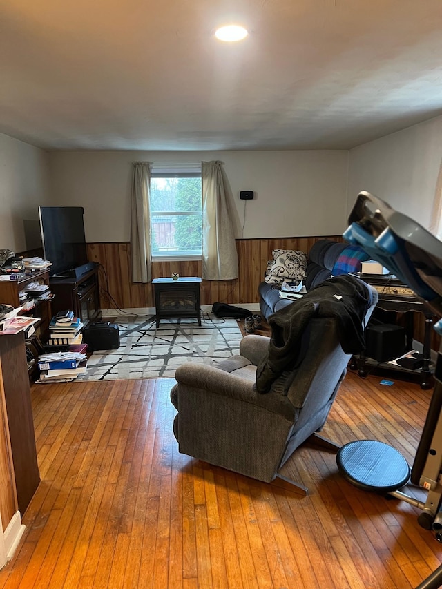 3070 Deerfield Valley Rd, Deerfield, VA 24432 - living room featuring wainscoting, wooden walls, and wood-type flooring