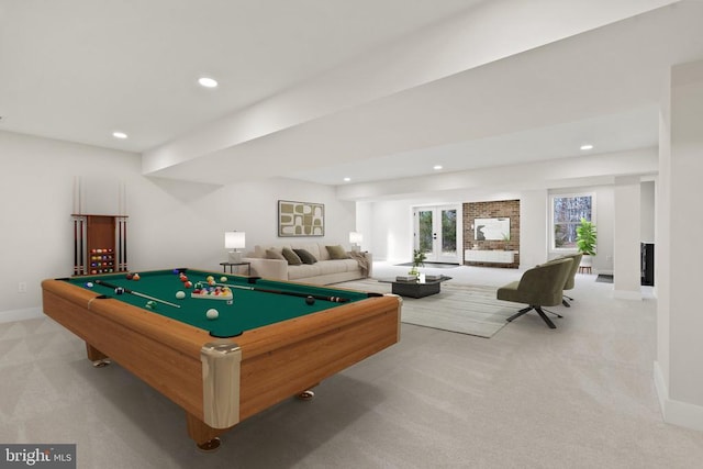 rec room featuring billiards, recessed lighting, carpet, and baseboards