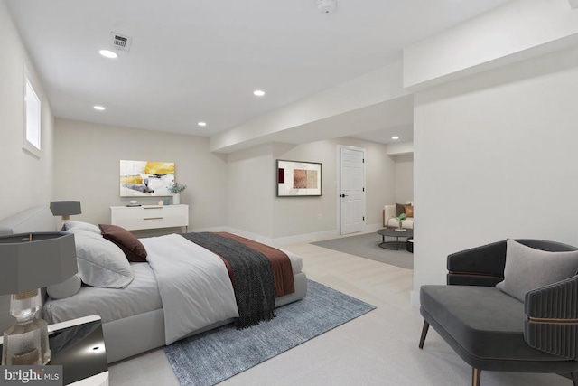 carpeted bedroom featuring visible vents, recessed lighting, and baseboards