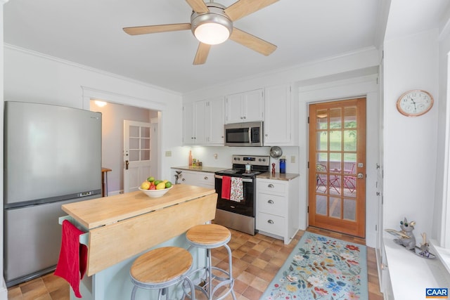 2523 Stony Point Rd, Charlottesville, VA 22911 - kitchen featuring stainless steel appliances, crown molding, white cabinetry, and ceiling fan
