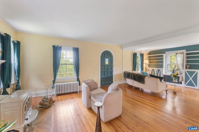 2523 Stony Point Rd, Charlottesville, VA 22911 - living area featuring radiator, wood-type flooring, and arched walkways