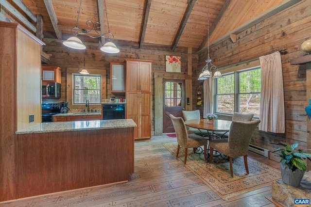 711 Jefferson Dr, Palmyra, VA 22963 - kitchen featuring black appliances, wooden ceiling, a sink, wooden walls, and light wood finished floors