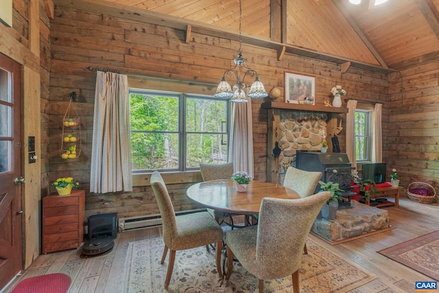711 Jefferson Dr, Palmyra, VA 22963 - dining room featuring wooden walls, hardwood / wood-style floors, wood ceiling, beamed ceiling, and high vaulted ceiling