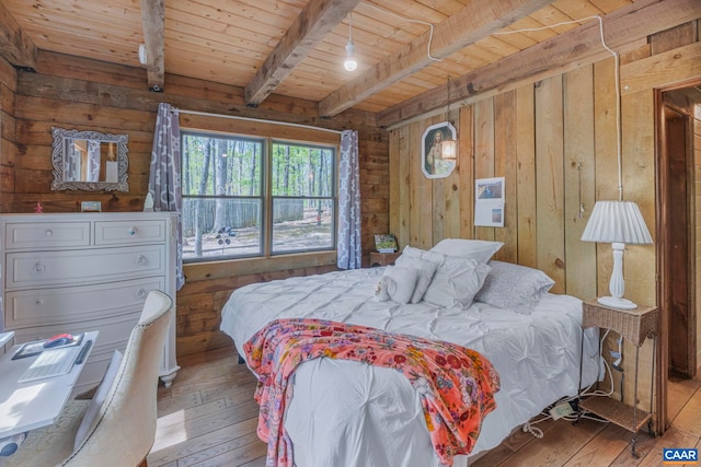 711 Jefferson Dr, Palmyra, VA 22963 - bedroom featuring wood walls, light wood finished floors, wooden ceiling, and beamed ceiling