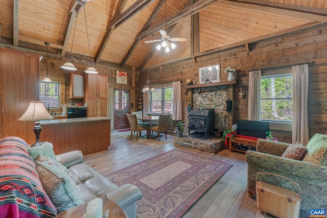 711 Jefferson Dr, Palmyra, VA 22963 - living room with wooden ceiling, high vaulted ceiling, wood walls, beamed ceiling, and hardwood / wood-style flooring