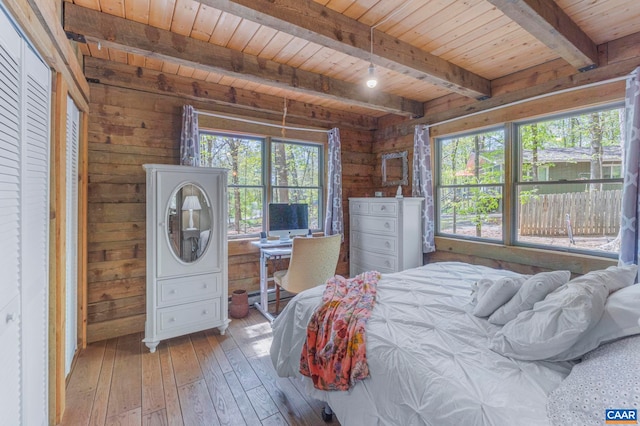 711 Jefferson Dr, Palmyra, VA 22963 - bedroom with wood ceiling, light wood-type flooring, beam ceiling, and wood walls