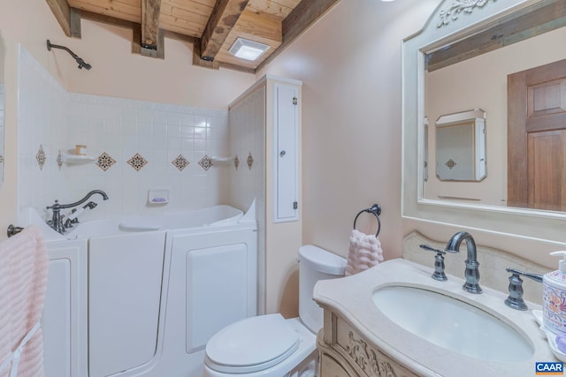 711 Jefferson Dr, Palmyra, VA 22963 - full bathroom with beamed ceiling, wood ceiling, a tub, toilet, and vanity