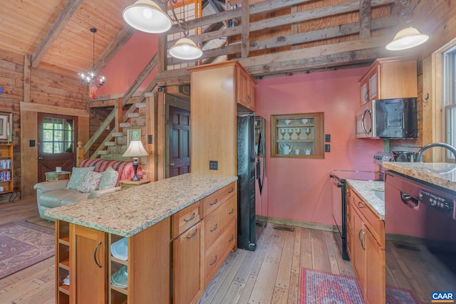 711 Jefferson Dr, Palmyra, VA 22963 - kitchen featuring black appliances, light wood-type flooring, light stone countertops, open shelves, and wood ceiling