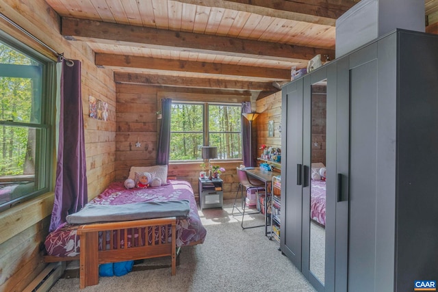 711 Jefferson Dr, Palmyra, VA 22963 - bedroom with wood walls, multiple windows, beam ceiling, carpet, and wood ceiling