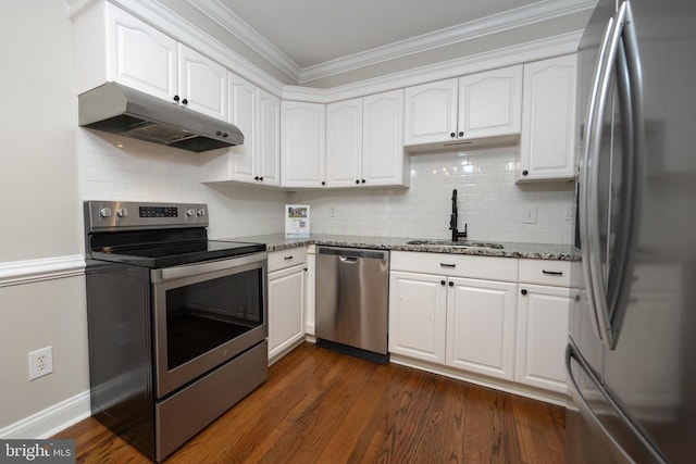  - kitchen featuring a sink, stainless steel appliances, ornamental molding, under cabinet range hood, and light stone countertops