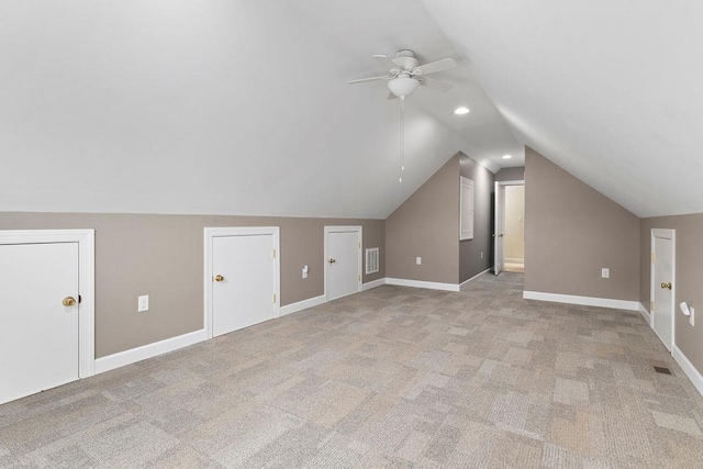 101 Jasper Ln, Waynesboro, VA 22980 - additional living space with a ceiling fan, lofted ceiling, light colored carpet, recessed lighting, and baseboards