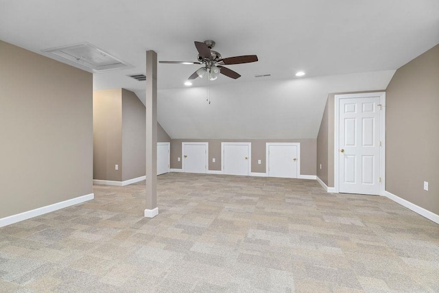 101 Jasper Ln, Waynesboro, VA 22980 - bonus room featuring ceiling fan, attic access, vaulted ceiling, baseboards, and light colored carpet