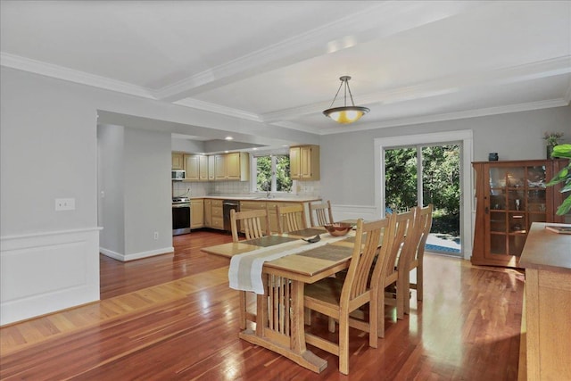162 Hartman Ct, Mcgaheysville, VA 22840 - dining space featuring healthy amount of natural light, ornamental molding, wood finished floors, and beam ceiling