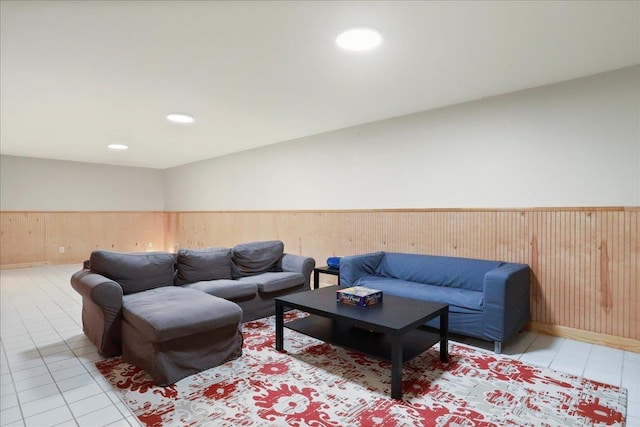 162 Hartman Ct, Mcgaheysville, VA 22840 - living area with light tile patterned floors, wainscoting, wooden walls, and recessed lighting
