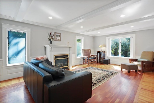 162 Hartman Ct, Mcgaheysville, VA 22840 - living room featuring healthy amount of natural light, beam ceiling, wood finished floors, a fireplace with flush hearth, and recessed lighting
