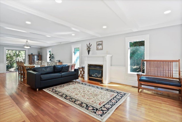 162 Hartman Ct, Mcgaheysville, VA 22840 - living room featuring beam ceiling, wood finished floors, a wainscoted wall, recessed lighting, and a glass covered fireplace