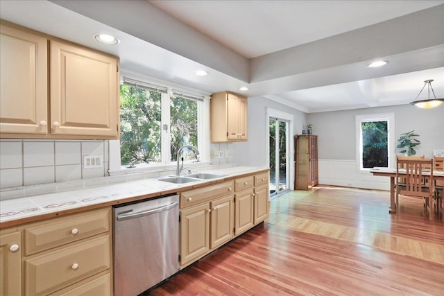 162 Hartman Ct, Mcgaheysville, VA 22840 - kitchen featuring stainless steel dishwasher, healthy amount of natural light, light wood-style floors, recessed lighting, and a wainscoted wall