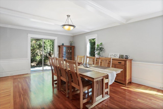 162 Hartman Ct, Mcgaheysville, VA 22840 - dining area featuring plenty of natural light, light wood-style floors, wainscoting, ornamental molding, and beam ceiling