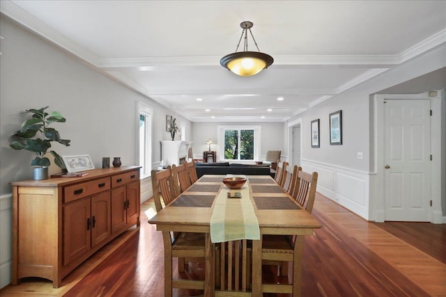 162 Hartman Ct, Mcgaheysville, VA 22840 - dining space with wood finished floors, beam ceiling, wainscoting, ornamental molding, and a decorative wall