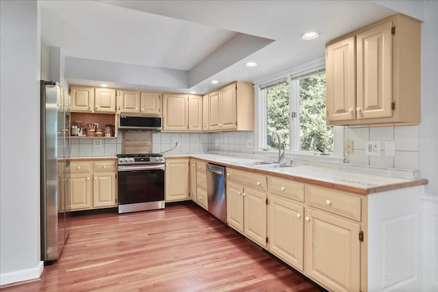 162 Hartman Ct, Mcgaheysville, VA 22840 - kitchen with appliances with stainless steel finishes, light countertops, light wood-style floors, tasteful backsplash, and recessed lighting