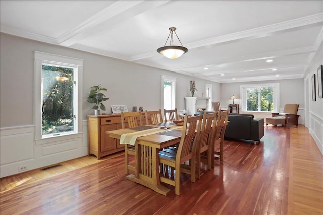 162 Hartman Ct, Mcgaheysville, VA 22840 - dining area with beam ceiling, light wood finished floors, crown molding, recessed lighting, and a decorative wall