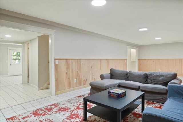 162 Hartman Ct, Mcgaheysville, VA 22840 - living room featuring light tile patterned flooring, wainscoting, recessed lighting, and wooden walls