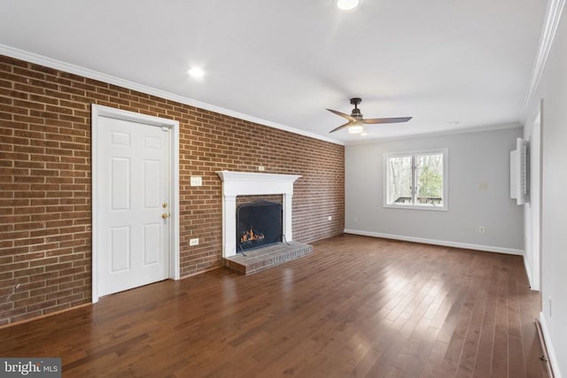 9 Twin Springs Dr, Fredericksburg, VA 22407 - unfurnished living room with brick wall, ceiling fan, wood finished floors, baseboards, and ornamental molding
