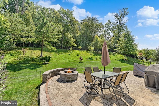 - view of patio / terrace with a fire pit and outdoor dining space