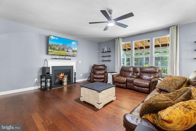  - living room with a ceiling fan, a glass covered fireplace, and wood finished floors