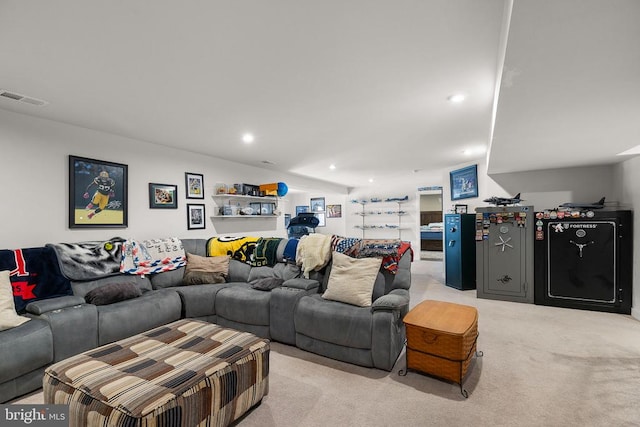  - living room featuring light colored carpet and recessed lighting